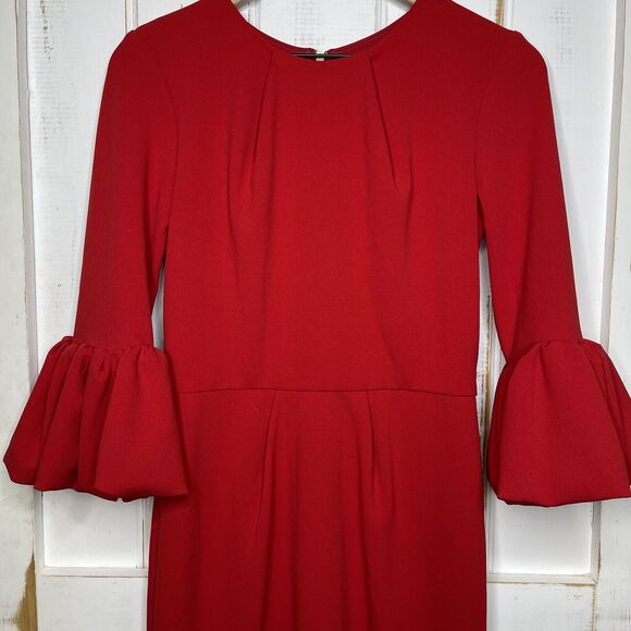 BETSY & ADAM Red Bell Sleeve Gold Zipper Midi Formal Sheath Cocktail Dress 4 - Picture 4 of 12